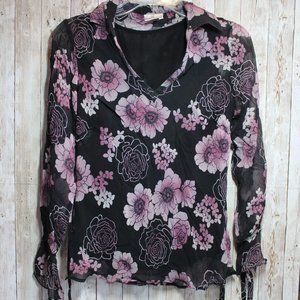 Fashion Bug Black/Pink Floral Print Silk Top Small